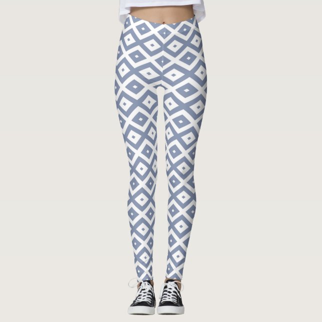 Blue gray and white diamond pattern leggings (Front)