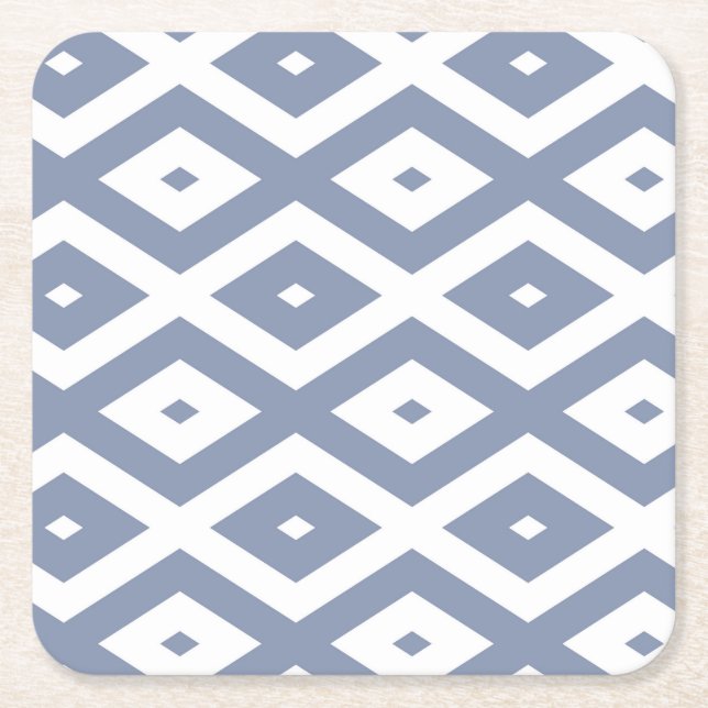 Blue gray and white diamond pattern square paper coaster (Front)