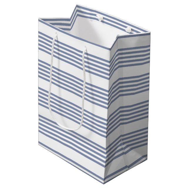 Blue-gray and white five stripe pattern medium gift bag (Front Angled)