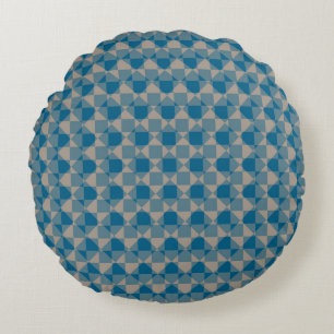 Blue Gray Checker Diamond Plaid Pattern Round Cushion