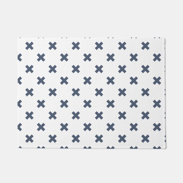 Blue-gray cross stitches on white doormat (Front)