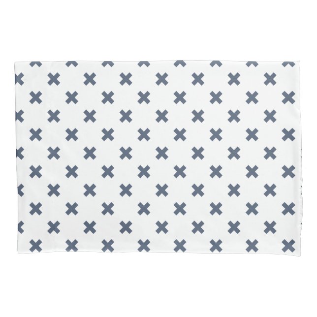 Blue-gray cross stitches on white pillowcase (Front)
