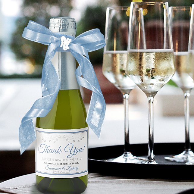 Blue & Gray Elegant Wedding Thank You Mini Sparkling Wine Label (Creator Uploaded)