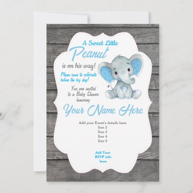 Blue Gray Elephant Invitation Editable (Front)