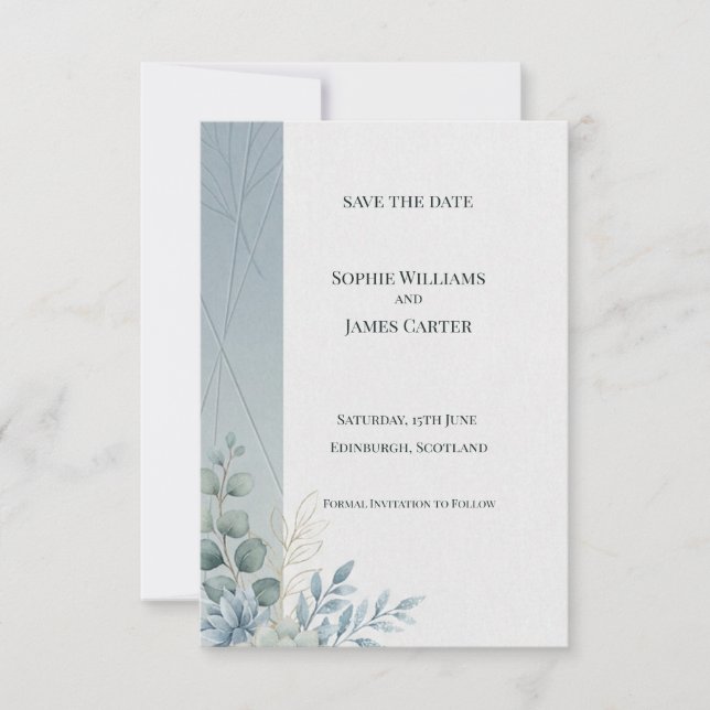 Blue Gray Eucalyptus Save The Date Card (Front)