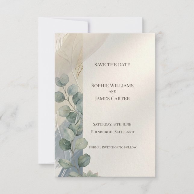 Blue Gray Eucalyptus Save The Date Card (Front)