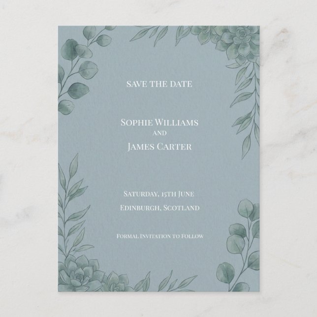 Blue Gray Eucalyptus Save The Date Postcard (Front)
