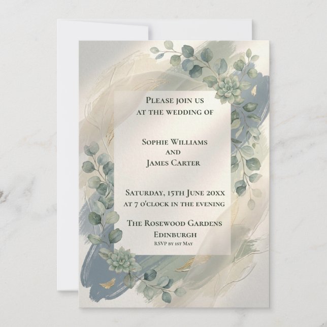 Blue Gray Eucalyptus Wedding Invitation (Front)
