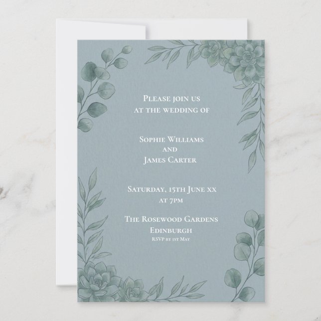 Blue Gray Eucalyptus Wedding Invitation (Front)