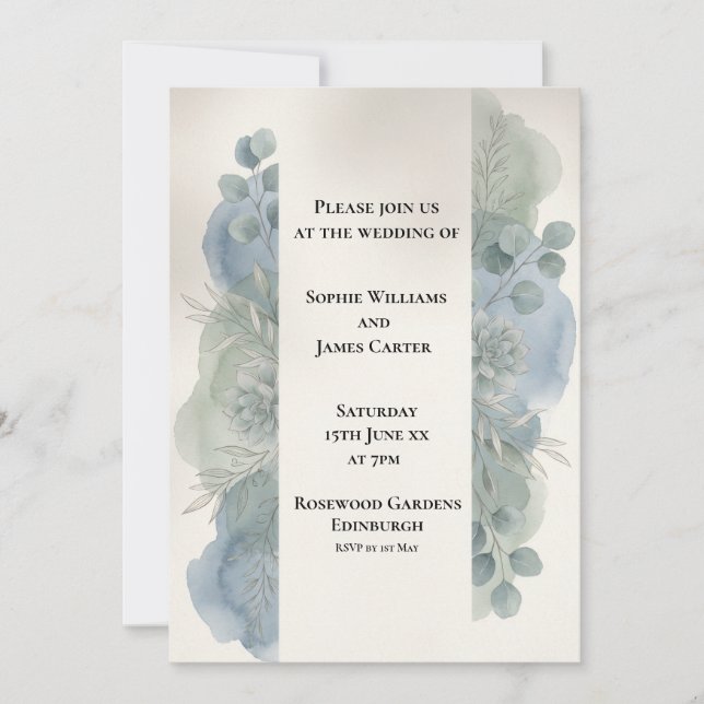 Blue Gray Eucalyptus Wedding Invitation (Front)