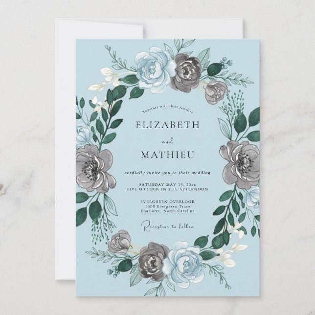 Blue Gray Floral Romantic Wedding Invitation (Front)
