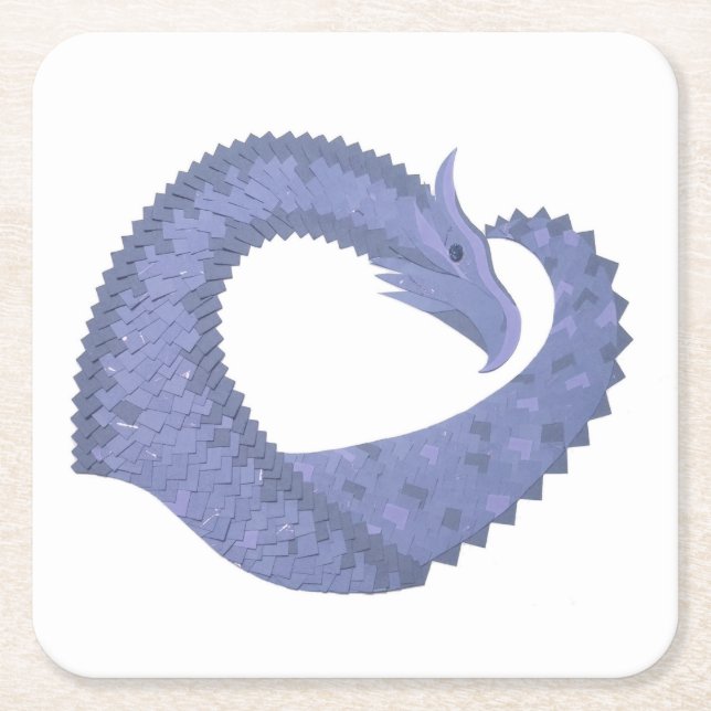 Blue-gray heart dragon on white square paper coaster (Front)