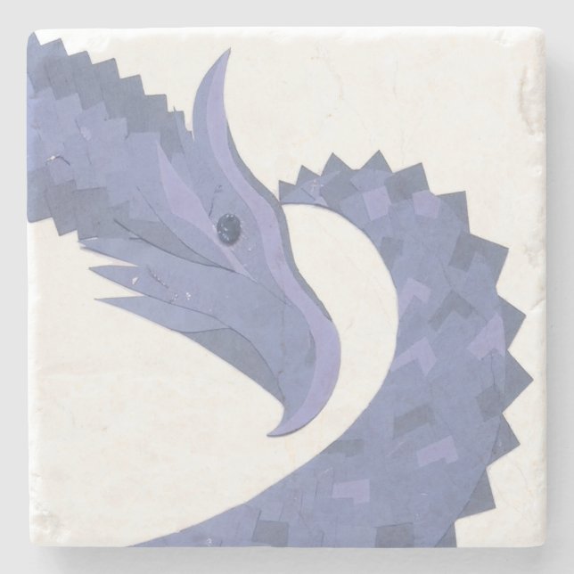 Blue-gray heart dragon on white stone coaster (Front)