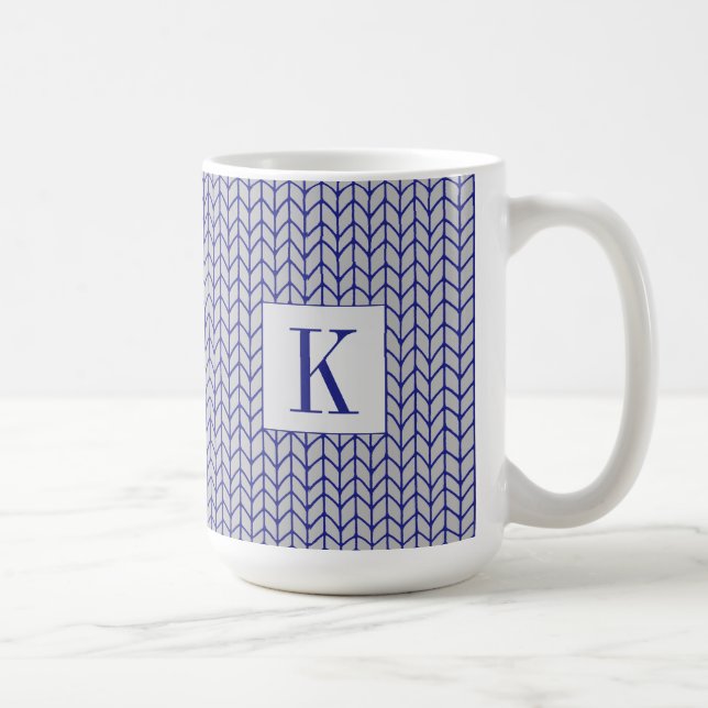 BLUE GRAY KNIT Tall White Mug + Initial (Right)