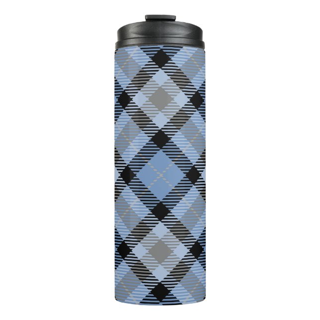 BLUE & GRAY LINEN LOOK PLAID PATTERN THERMAL TUMBLER (Front)