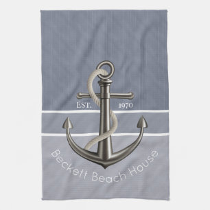 Blue Gray Tri-Toned Pinstriped Anchor Tea Towel