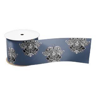 Blue Gray Victorian Ornamental Design Satin Ribbon