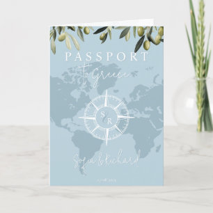 Blue Greece Wedding  Passport World Map Compass Invitation