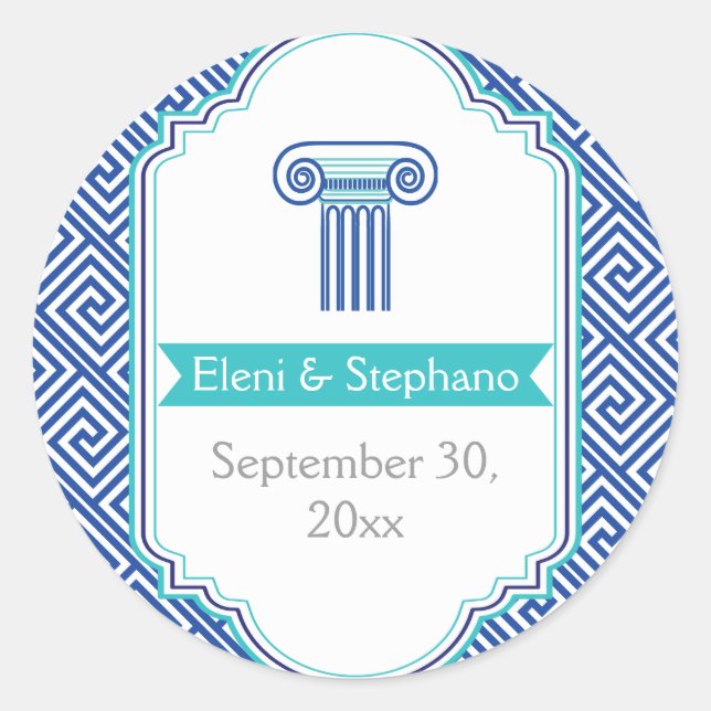 Blue Greek key and column wedding Save the Date Classic Round Sticker (Front)