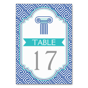 Blue Greek key and column wedding table number