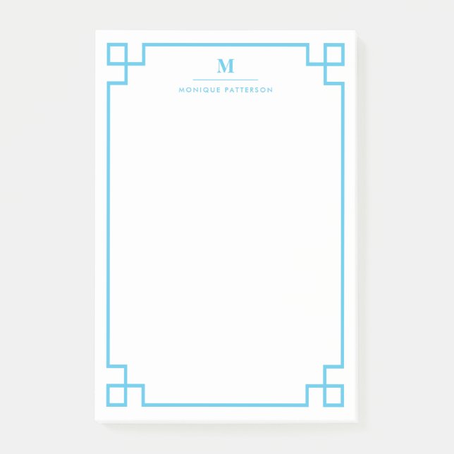 Blue Greek Key Border Monogram Personalised Post-it Notes (Front)