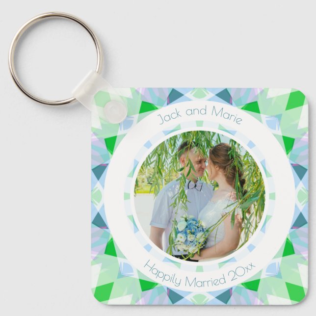 Blue Green 4th 5th Wedding Anniversary Photo Gift Key Ring (Front)