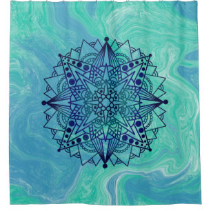 Blue Green Abstract Mandala Zen Shower Curtain
