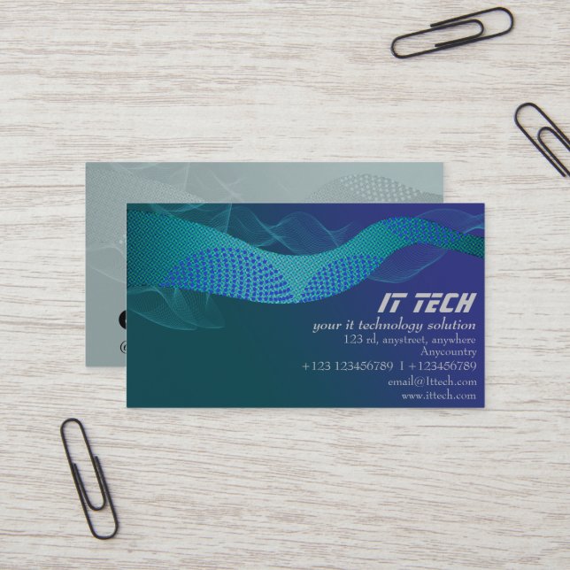 Blue Green Abstract Techno Wave Business Card (Front/Back In Situ)