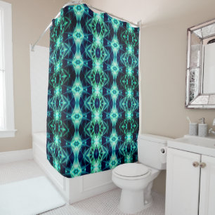 Blue-green acrylic rapport, neon mirroring shapes shower curtain