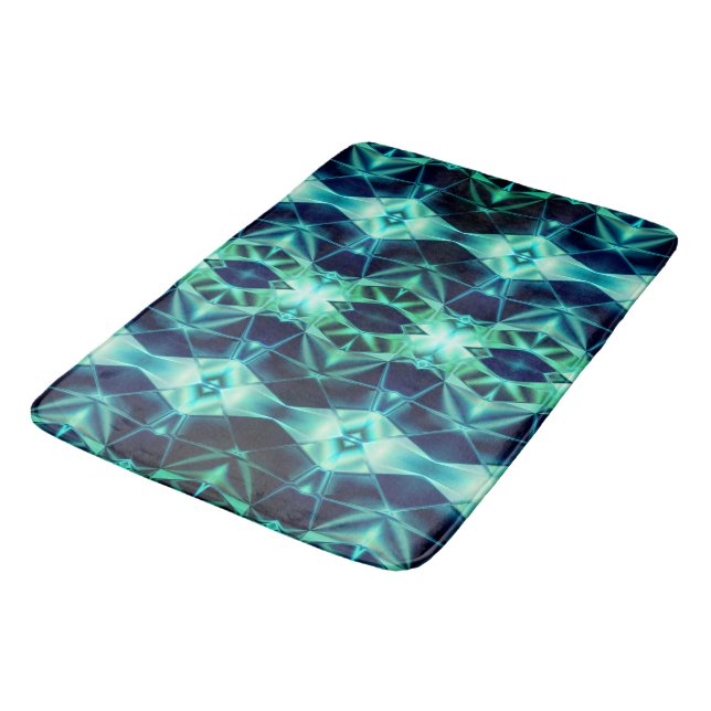 Blue green acrylic style, neon mirroring shapes  bath mat (Angled)