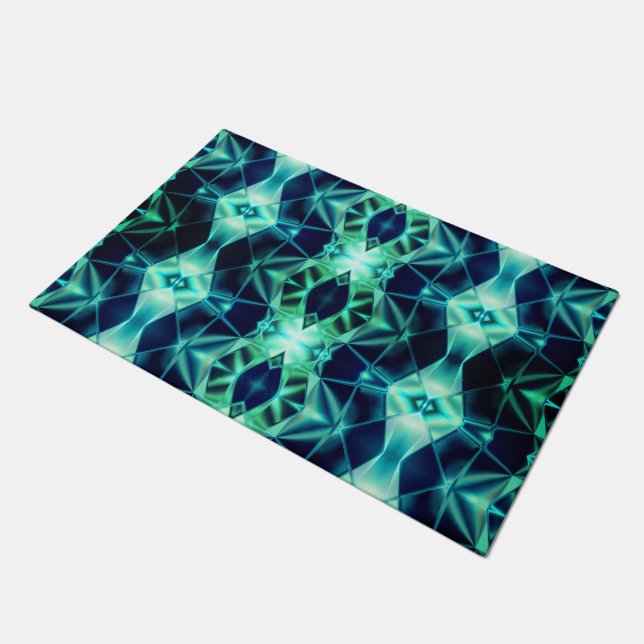 Blue green acrylic style, neon mirroring shapes  doormat (Angled)