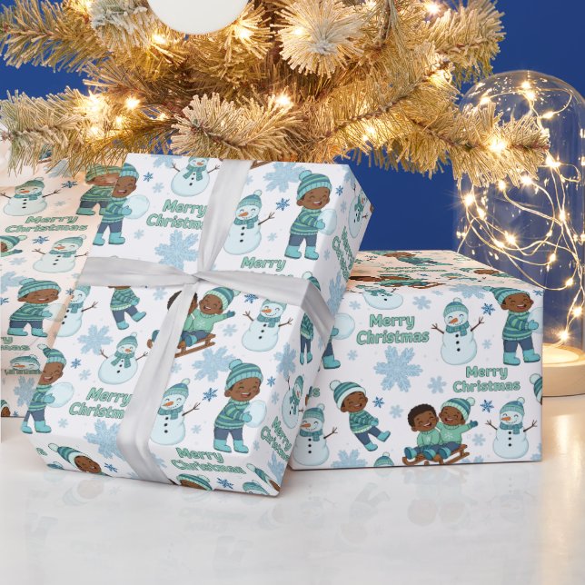 Blue & Green African American Boys Merry Christmas Wrapping Paper (Holidays)