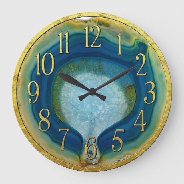 Blue & Green Agate Geode with Crystals Gold Detail Large Clock (Front)