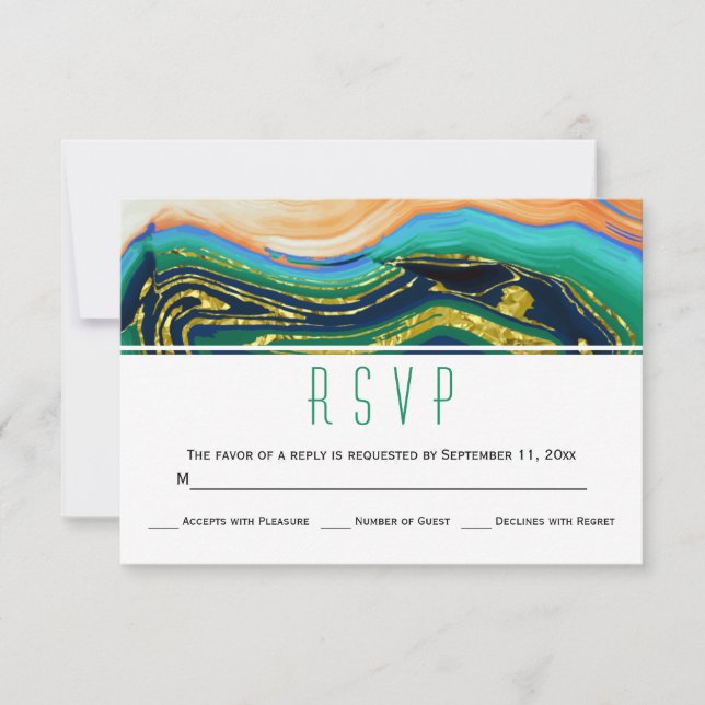Blue green agate gold foil geode wedding RSVP (Front)