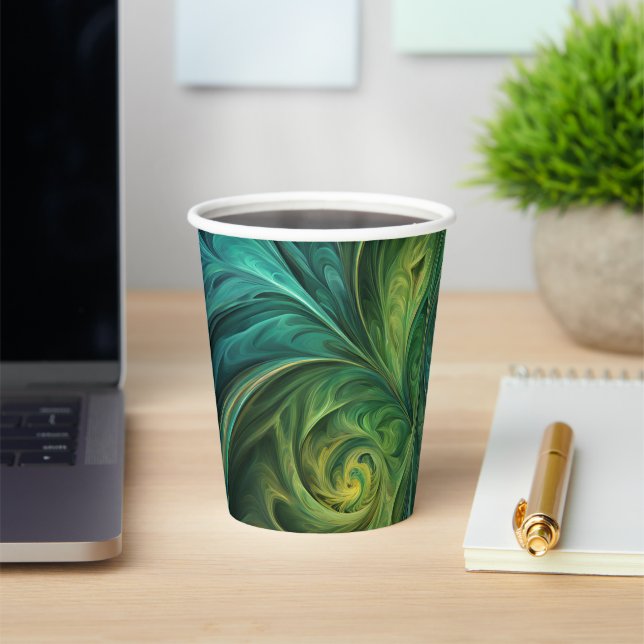 Blue Green AI Fractal Pattern Paper Cups (Insitu)