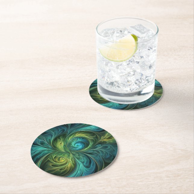 Blue Green AI Fractal Pattern Round Paper Coaster (Insitu)