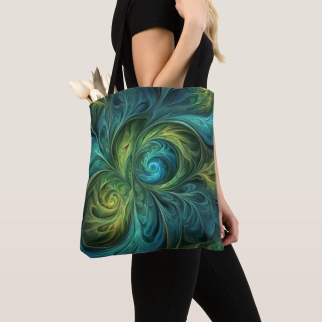 Blue Green AI Fractal Pattern Tote Bag (Close Up)