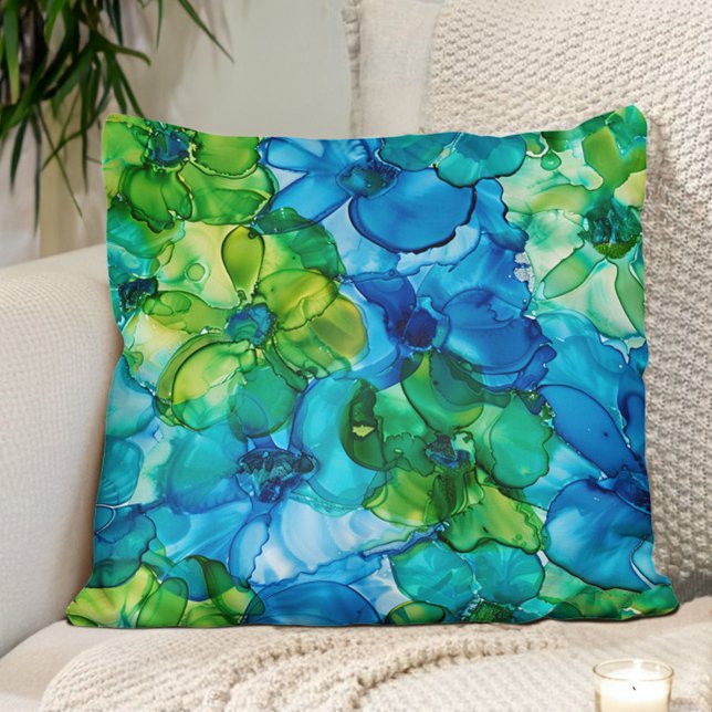 Blue Green Alcohol Ink Flowers Cushion (Blue and green alcohol ink floral pillow)