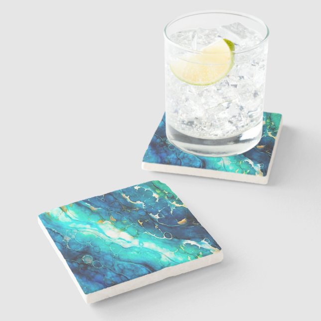 Blue Green Alcohol Ink Marble Modern Art Stone Coaster (Side)