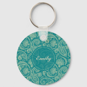Blue-Green And Beige Creme Vintage Paisley Key Ring