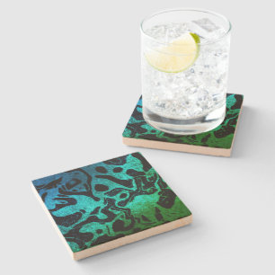 Blue Green and black glitter wavy pattern Stone Coaster