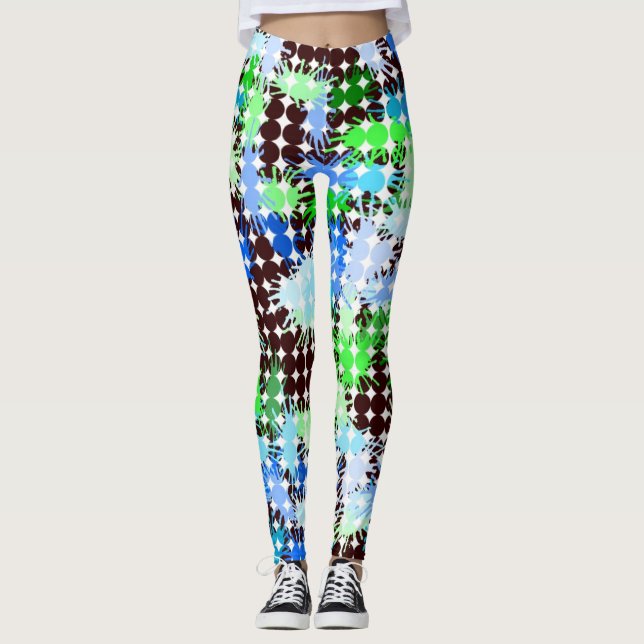 Blue, Green and Black Paint Splatter Leggings (Front)
