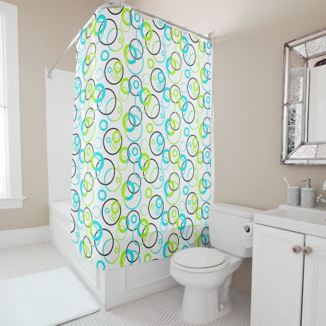 blue green and black rings and circles on white  shower curtain (In Situ)