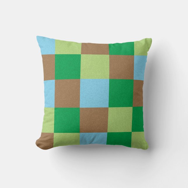 Blue green and brown squares pattern cushion (Front)