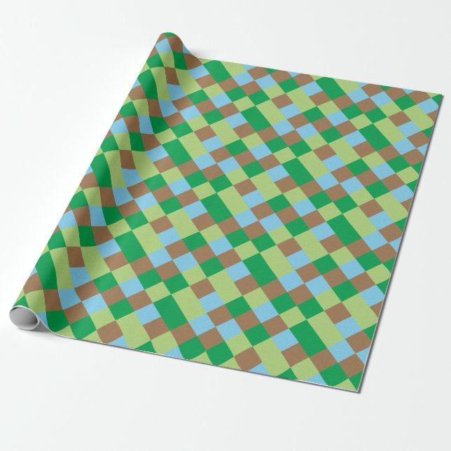 Blue green and brown squares pattern wrapping paper (Unrolled)