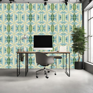 Blue, Green, and Cream Geometrical Pattern Wallpaper
