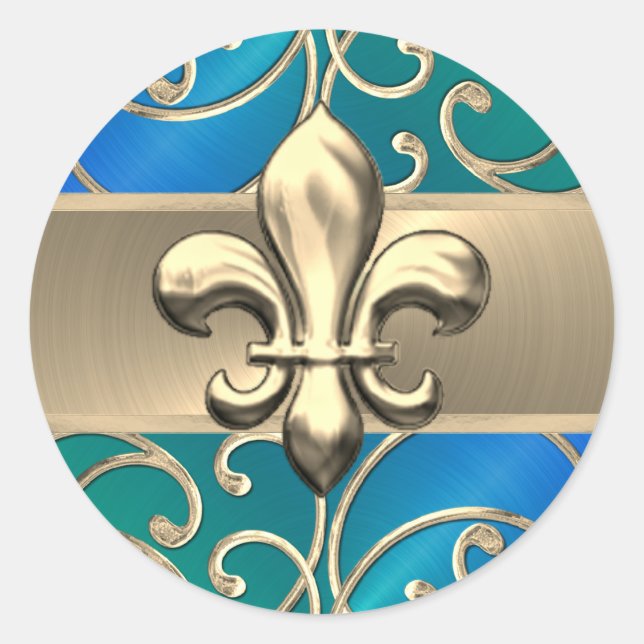 Blue Green and Gold Filigree Swirls Fleur de Lis Classic Round Sticker (Front)