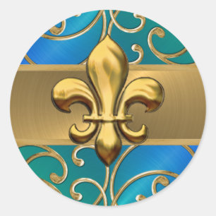 Blue Green and Gold Filigree Swirls Fleur de Lis Classic Round Sticker