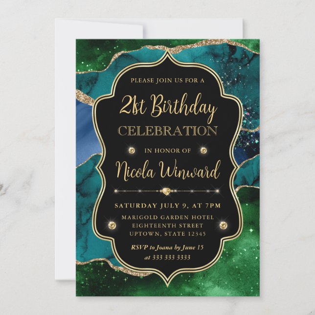 Blue, Green and Gold Glitter Agate Frame Birthday Invitation (Front)