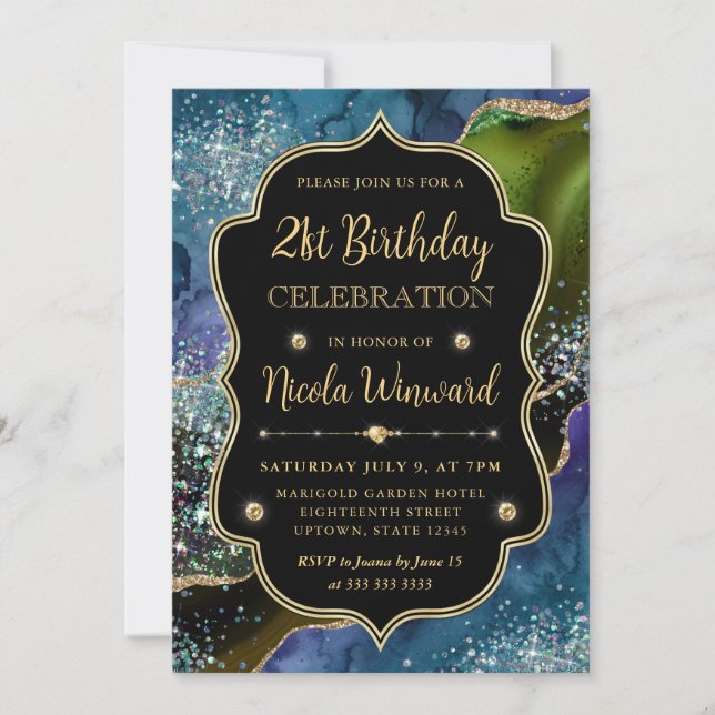 Blue, Green and Gold Glitter Agate Frame Birthday Invitation (Front)